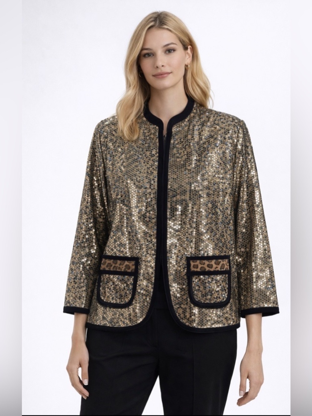 Chico’s NWT Shyanne Sequin Leopard Blazer Party Holiday Gold/Black Size 1